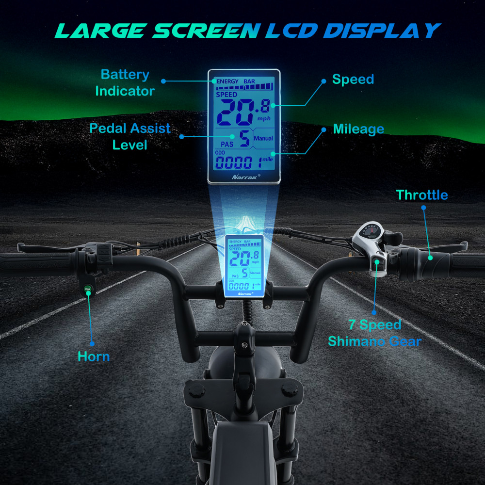Narrak Electric Bike for Adults,1100W Peak Motor 16"x 4.0 Fat Tires 28MPH E-Bike, 48V Removable Battery Dirt Bike, Dual Suspension & Brakes Motorcycle, 7-Speed