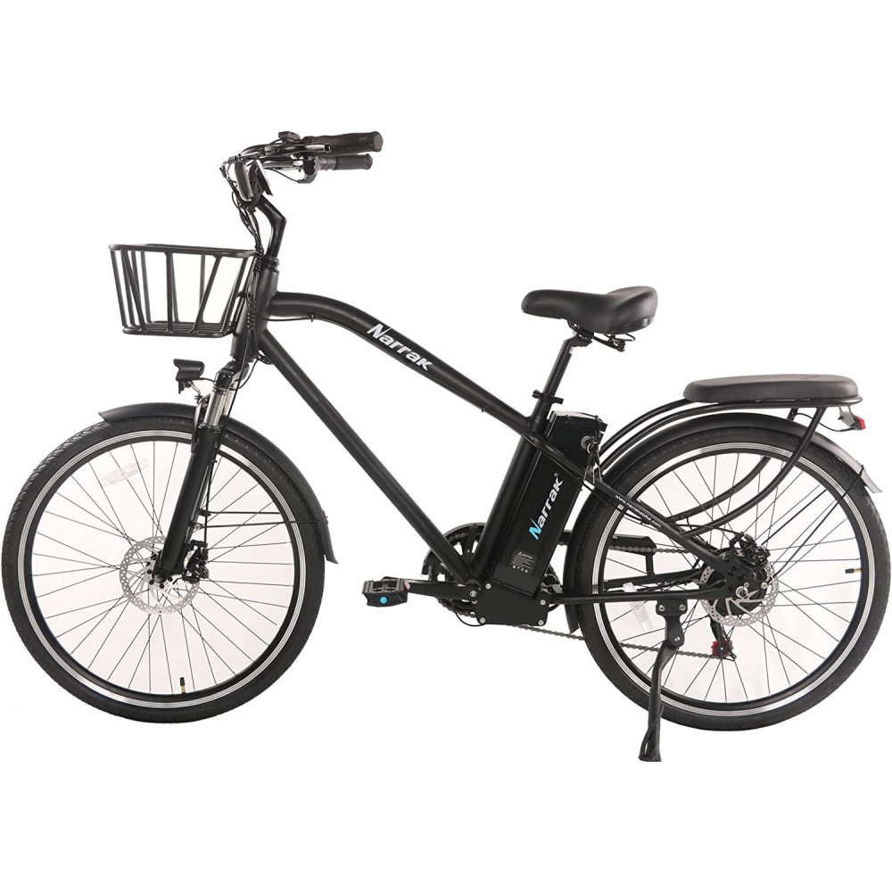 Narrak 350W 36V 10Ah 26" Step Over Electric Bicycle City E-Bike Mountain Bikes Up to 30 Miles Removable Battery, Shimano 7-Speed M5 5" LCD Display and Front Basket (Step Over Black)